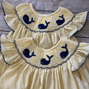 TWO Smocked 6 yellow whale long dresses Twin bundle